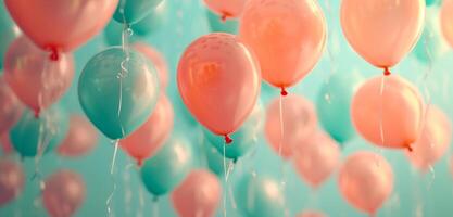 ai généré bleu, rose et pastel des ballons en volant dans le air, photo