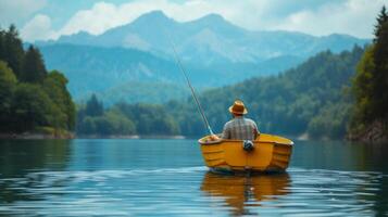 ai généré Jeune homme est pêche sur une Jaune bateau dans le milieu de le lac. magnifique Montagne Contexte flou photo