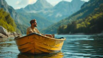 ai généré Jeune homme est pêche sur une Jaune bateau dans le milieu de le lac. magnifique Montagne Contexte flou photo