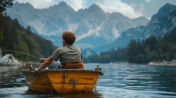 ai généré Jeune homme est pêche sur une Jaune bateau dans le milieu de le lac. magnifique Montagne Contexte flou photo