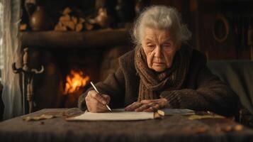 ai généré un vieux femme écrit une lettre séance à un vieux chêne table contre le Contexte de une cheminée photo