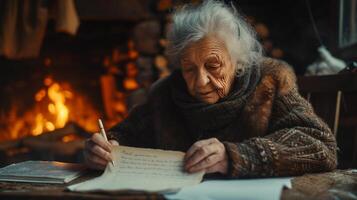 ai généré un vieux femme écrit une lettre séance à un vieux chêne table contre le Contexte de une cheminée photo