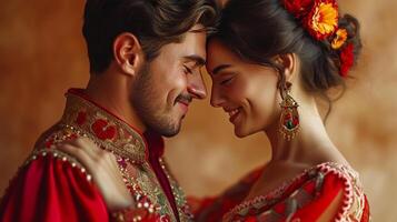 ai généré magnifique Espagnol Jeune couple dansant dans nationale costumes Latin Danse photo