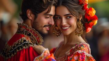 ai généré magnifique Espagnol Jeune couple dansant dans nationale costumes Latin Danse photo