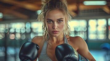 ai généré magnifique Jeune femme rivalise dans boxe dans le Gym photo