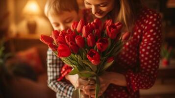 ai généré garçon et papa donner une bouquet de rouge tulipes à une femme dans une rouge polka point robe photo