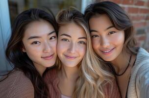 ai généré groupe selfie de Trois Jeune femmes photo