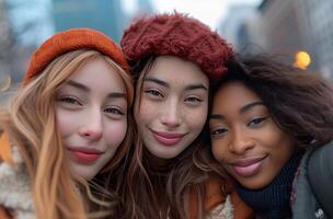 ai généré groupe selfie de Trois Jeune femmes photo