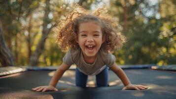 ai généré joyeux frisé fille sauter sur une trampoline dans le parc photo