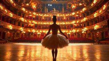 ai généré solitaire ballerine formation seul sur le étape de une grand opéra maison dans de face de un vide salle photo
