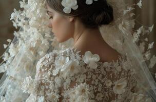 ai généré le de la mariée robe et retour sont couvert dans blanc fleurs photo