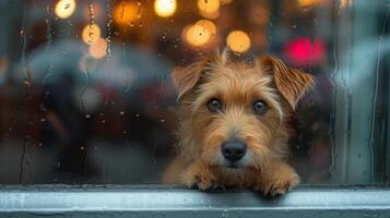 ai généré triste hirsute chien est assis seul dans une cabine dans le pluie photo