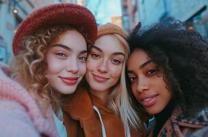 ai généré Trois femmes prise une selfie avec un un autre photo