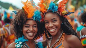 ai généré deux magnifique Jeune femmes habillé de façon festive à le carnaval dans ville photo