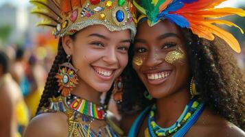ai généré deux magnifique Jeune femmes habillé de façon festive à le carnaval dans ville photo