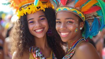 ai généré deux magnifique Jeune femmes habillé de façon festive à le carnaval dans ville photo