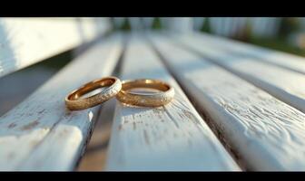 ai généré mariage anneaux sont séance sur une blanc banc, rendu dans irréel moteur, or photo