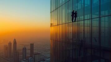 ai généré fenêtre nettoyeurs laver les fenêtres sur une gratte-ciel dans ville photo