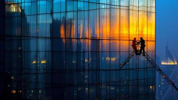 ai généré fenêtre nettoyeurs laver les fenêtres sur une gratte-ciel dans ville photo