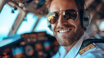 ai généré Jeune souriant pilote dans des lunettes de soleil séance à le barre de un avion photo