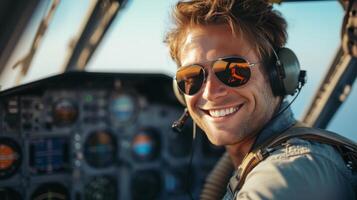 ai généré Jeune souriant pilote dans des lunettes de soleil séance à le barre de un avion photo