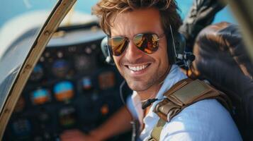 ai généré Jeune souriant pilote dans des lunettes de soleil séance à le barre de un avion photo