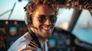 ai généré Jeune souriant pilote dans des lunettes de soleil séance à le barre de un avion photo