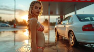ai généré Jeune femme dans bikini lavages voiture à gaz station photo