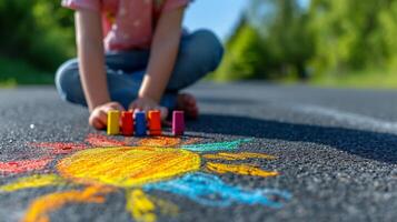 ai généré une enfant dessine le Soleil avec crayons de couleur sur le asphalte. printemps ensoleillé journée photo