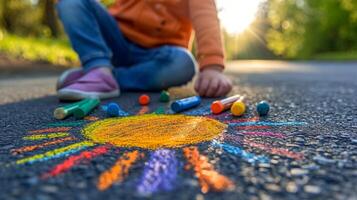 ai généré une enfant dessine le Soleil avec crayons de couleur sur le asphalte. printemps ensoleillé journée photo