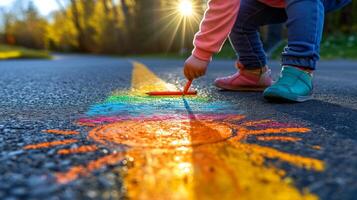 ai généré une enfant dessine le Soleil avec crayons de couleur sur le asphalte. printemps ensoleillé journée photo