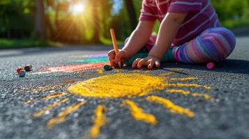 ai généré une enfant dessine le Soleil avec crayons de couleur sur le asphalte. printemps ensoleillé journée photo