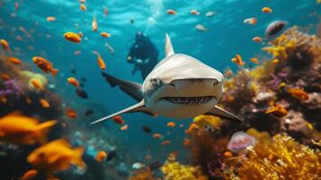 ai généré une scaphandre autonome plongeur nage suivant à une requin dans le océan sous-marin photo