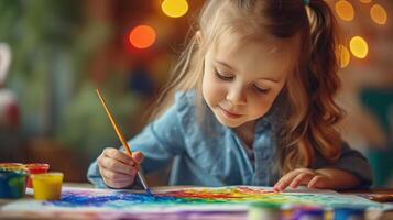 ai généré une Jeune artiste des peintures une image avec une mignonne Pâques lapin en utilisant aquarelle des peintures photo