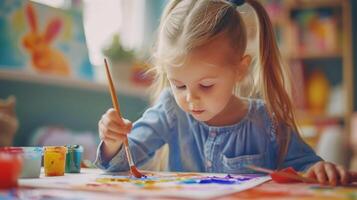 ai généré une Jeune artiste des peintures une image avec une mignonne Pâques lapin en utilisant aquarelle des peintures photo