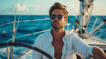 ai généré une Jeune Beau homme voiles sur une luxe yacht dans le océan photo