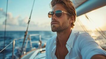 ai généré une Jeune Beau homme voiles sur une luxe yacht dans le océan photo