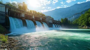 ai généré magnifique Contexte avec une l'eau hydro station sur le rivière. ensoleillé été journée photo