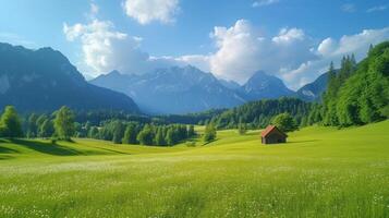 ai généré magnifique photo avec interminable alpin vert prés et montagnes dans le Contexte