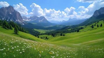 ai généré magnifique photo avec interminable alpin vert prés et montagnes dans le Contexte