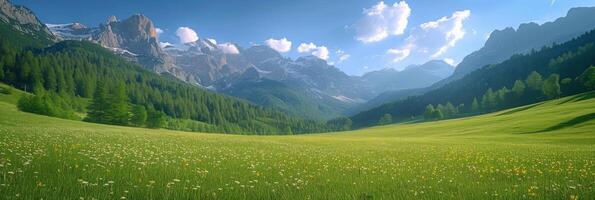 ai généré magnifique photo avec interminable alpin vert prés et montagnes dans le Contexte