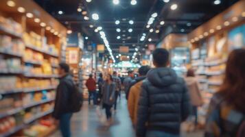 ai généré flou Contexte de une foule de gens permanent dans ligne à une boutique photo