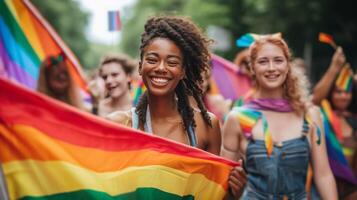 ai généré Jeune femmes et Hommes en marchant vers le bas le rue avec arc en ciel drapeaux photo