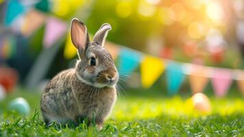 ai généré une magnifique duveteux Pâques lapin cache coloré des œufs dans le vert herbe et regards à le caméra photo