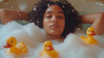 ai généré une magnifique femme mensonges dans une baignoire plein de mousse. Trois caoutchouc Jaune canards nager avec sa photo