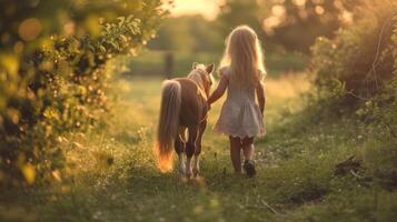 ai généré une peu fille des promenades par une vert magnifique jardin avec une peu poney photo