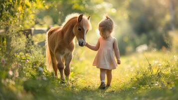 ai généré une peu fille des promenades par une vert magnifique jardin avec une peu poney photo