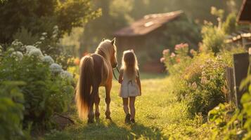 ai généré une peu fille des promenades par une vert magnifique jardin avec une peu poney photo