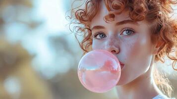 ai généré magnifique fille coups une gros rose bulle de bulle gencive photo