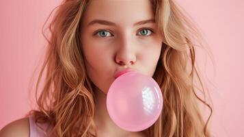 ai généré magnifique fille coups une gros rose bulle de bulle gencive photo